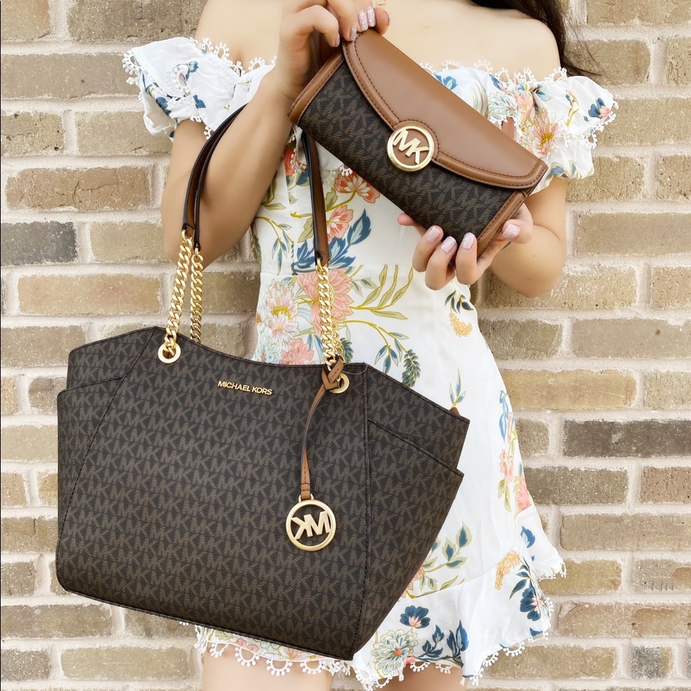 Michael Kors brown chain tote carryall wallet SET - Picture 1 of 3